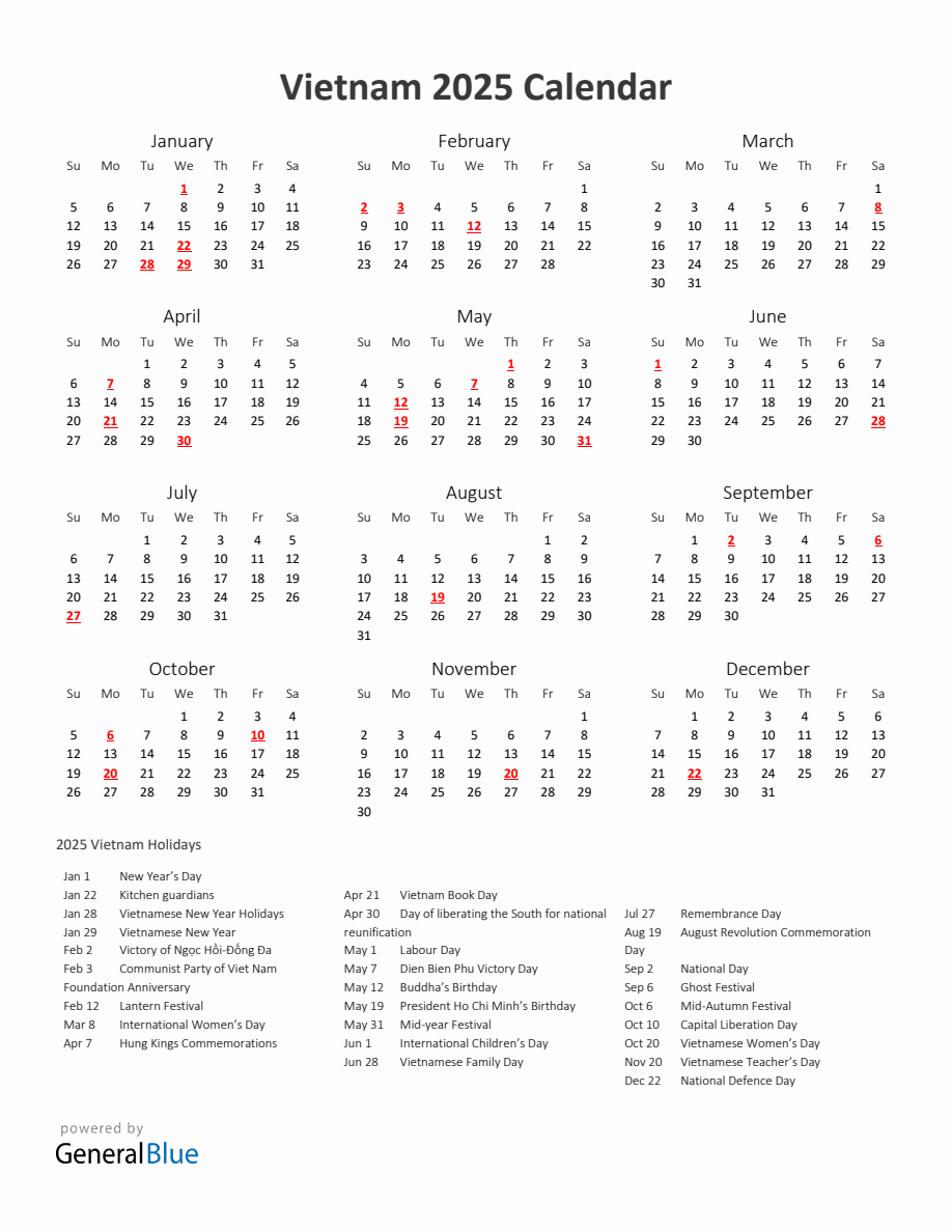 2025 Yearly Calendar Printable With Vietnam Holidays
