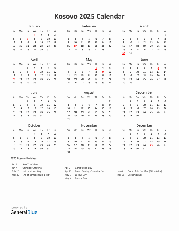 2025 Yearly Calendar Printable With Kosovo Holidays