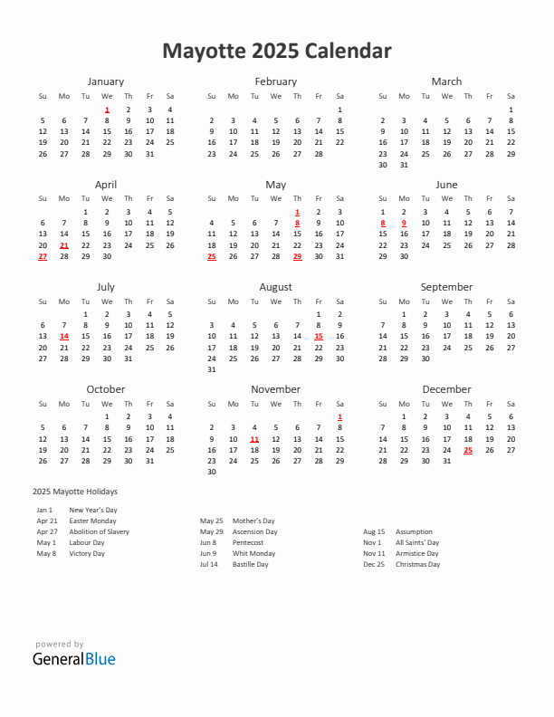 2025 Yearly Calendar Printable With Mayotte Holidays