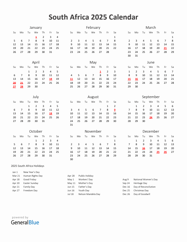 2025 Yearly Calendar Printable With South Africa Holidays