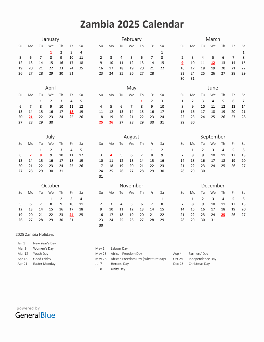 2025 Yearly Calendar Printable With Zambia Holidays