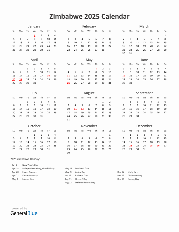 2025 Yearly Calendar Printable With Zimbabwe Holidays