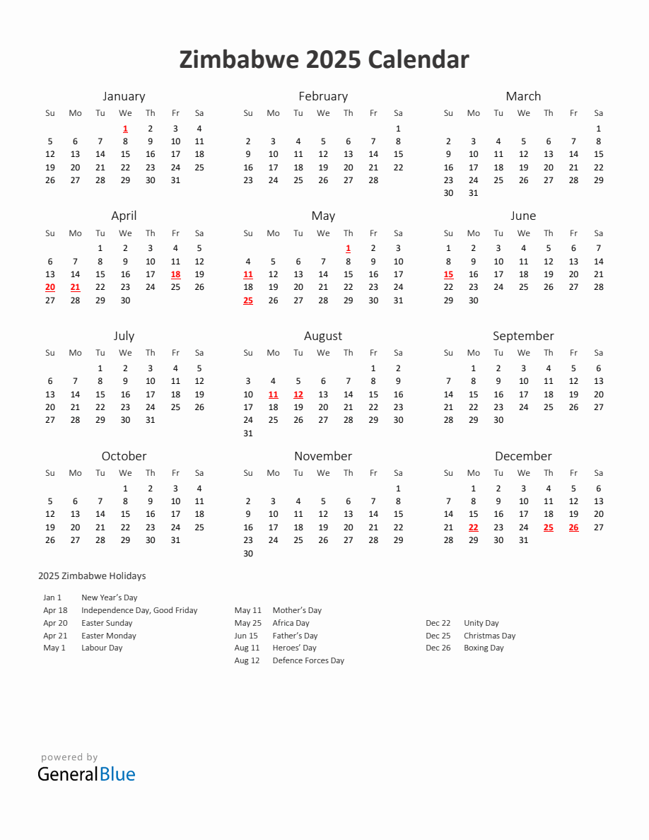 2025 Yearly Calendar Printable With Zimbabwe Holidays