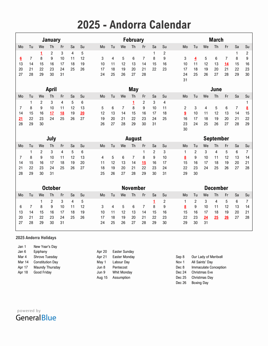 Year 2025 Simple Calendar With Holidays in Andorra