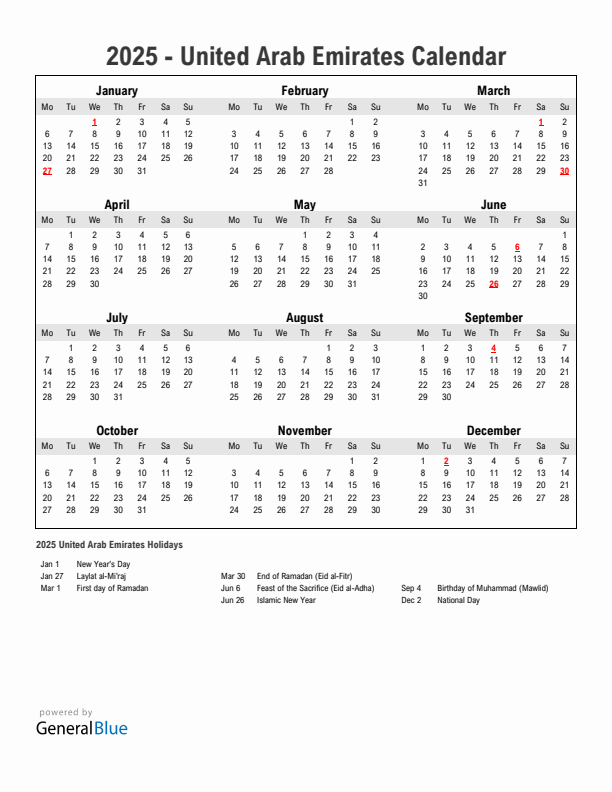 Year 2025 Simple Calendar With Holidays in United Arab Emirates