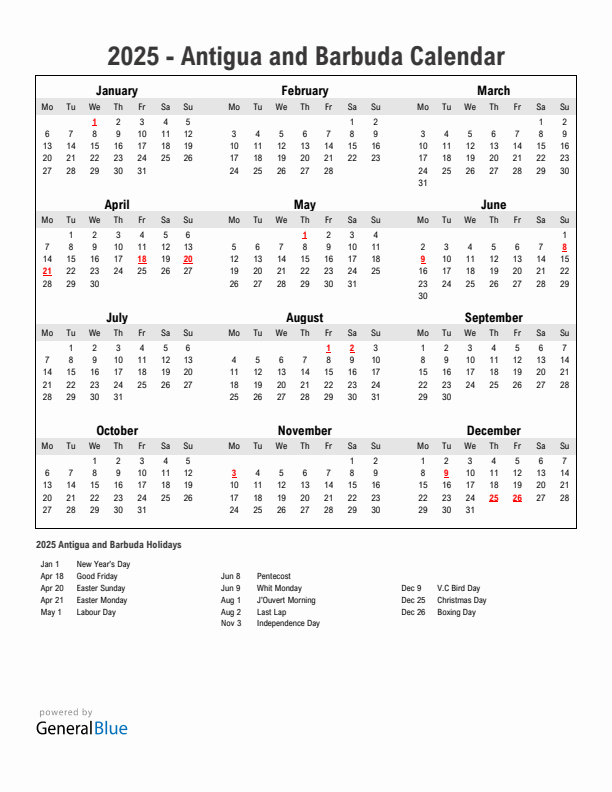 Year 2025 Simple Calendar With Holidays in Antigua and Barbuda