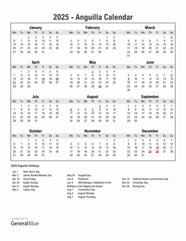 Year 2025 Simple Calendar With Holidays in Anguilla