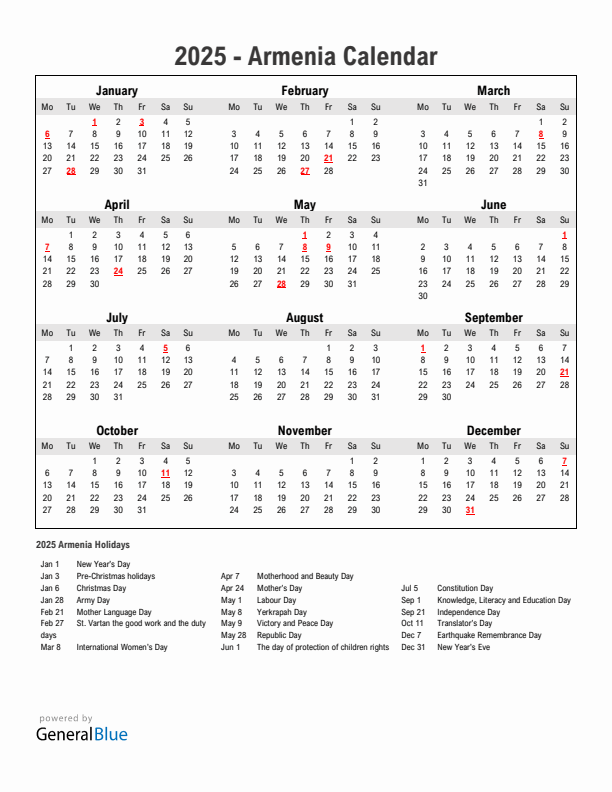 Year 2025 Simple Calendar With Holidays in Armenia