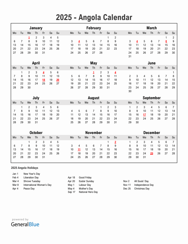 Year 2025 Simple Calendar With Holidays in Angola
