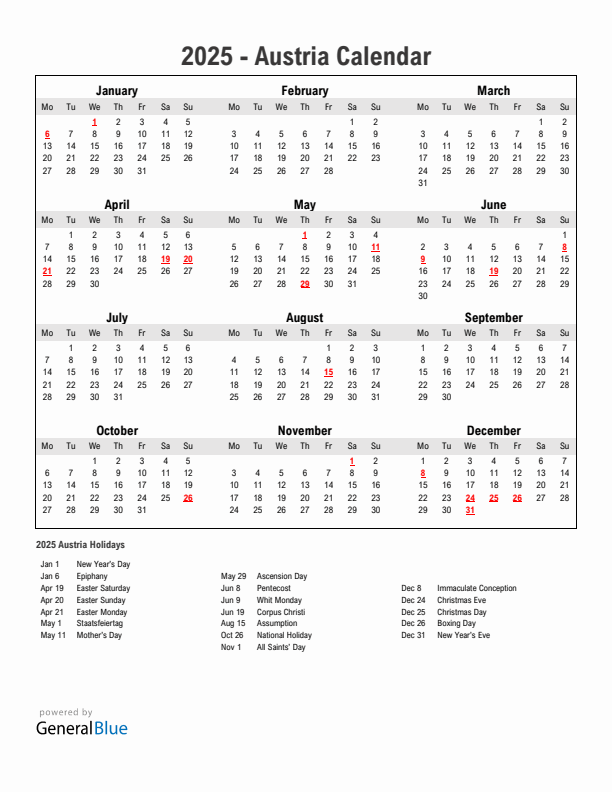 Year 2025 Simple Calendar With Holidays in Austria