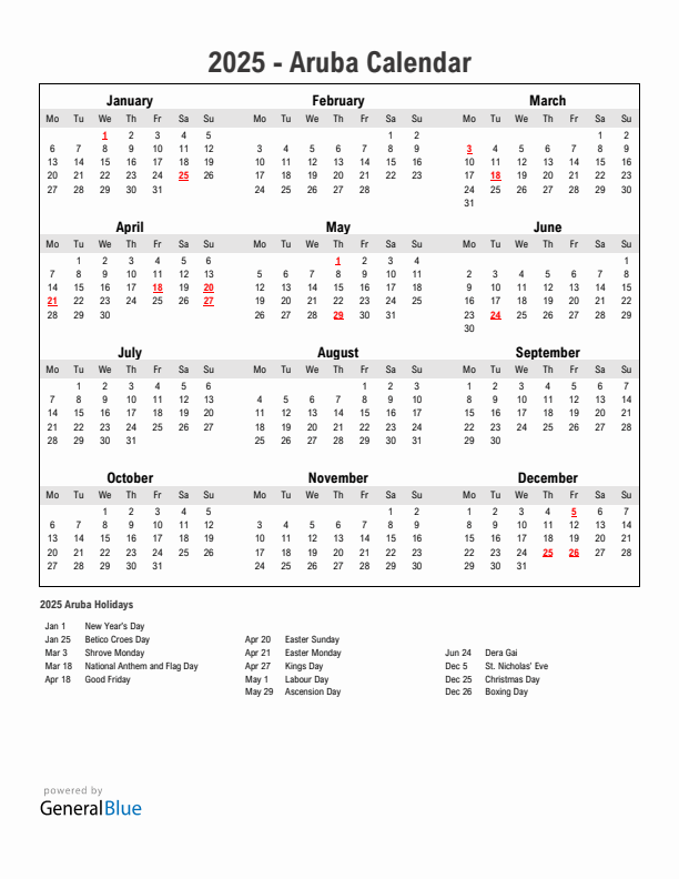 Year 2025 Simple Calendar With Holidays in Aruba