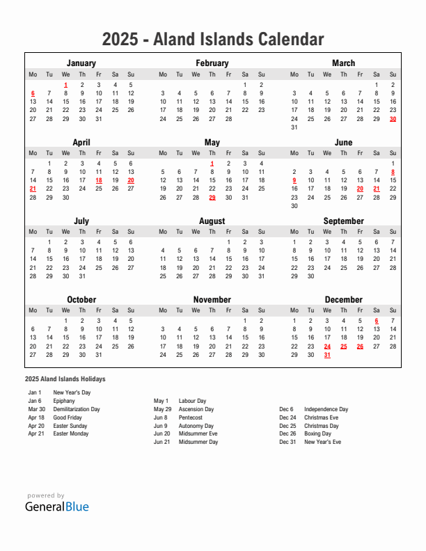 Year 2025 Simple Calendar With Holidays in Aland Islands