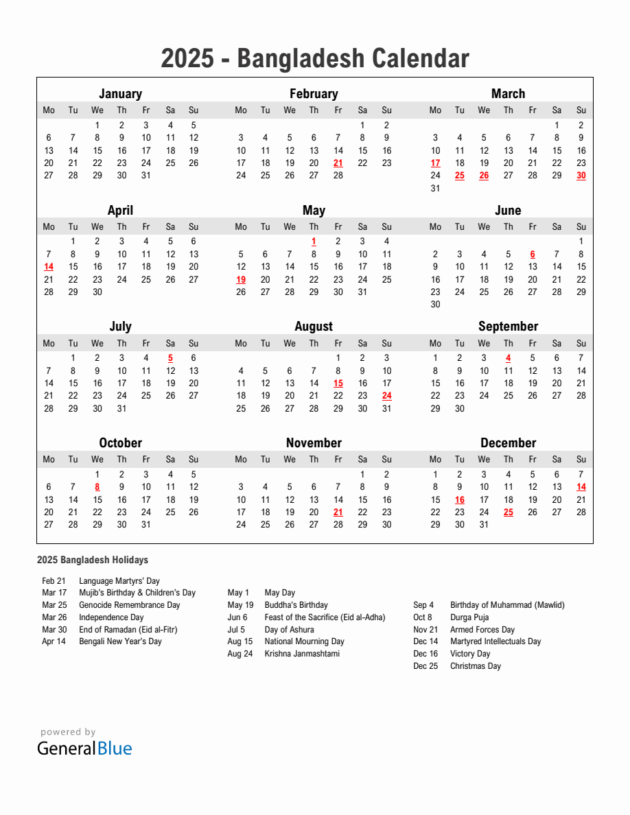 Year 2025 Simple Calendar With Holidays in Bangladesh