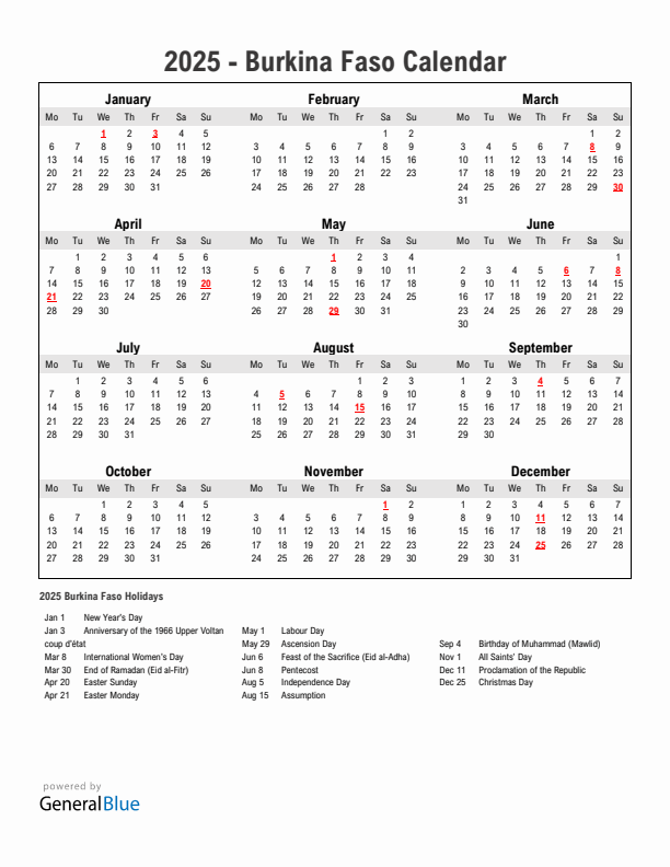 Year 2025 Simple Calendar With Holidays in Burkina Faso