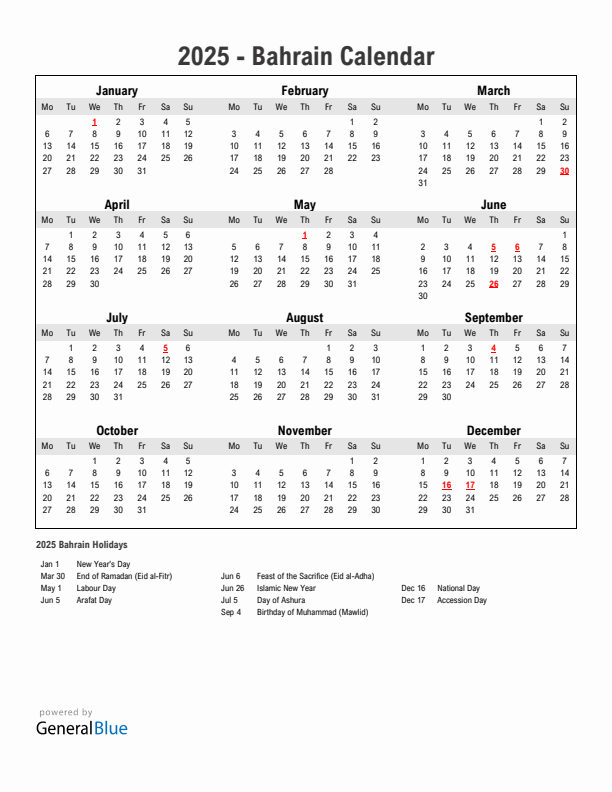 Year 2025 Simple Calendar With Holidays in Bahrain