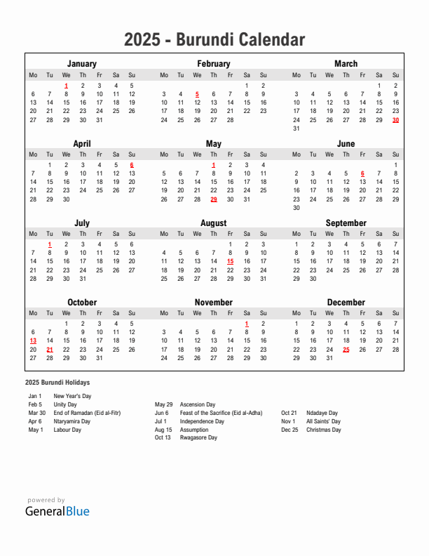 Year 2025 Simple Calendar With Holidays in Burundi