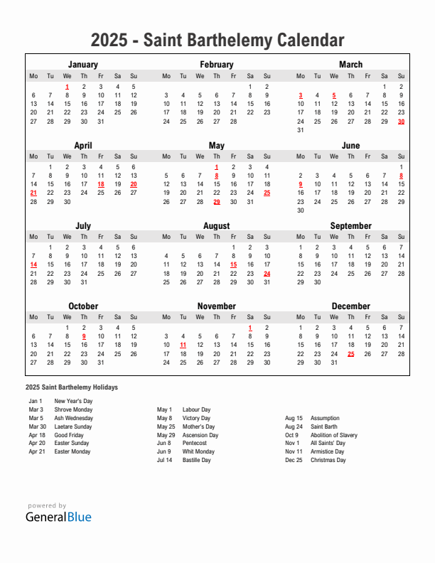 Year 2025 Simple Calendar With Holidays in Saint Barthelemy