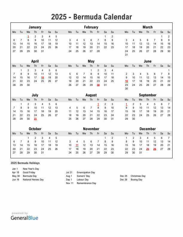 Year 2025 Simple Calendar With Holidays in Bermuda