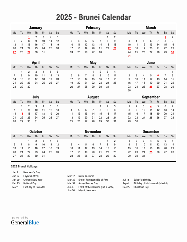 Year 2025 Simple Calendar With Holidays in Brunei