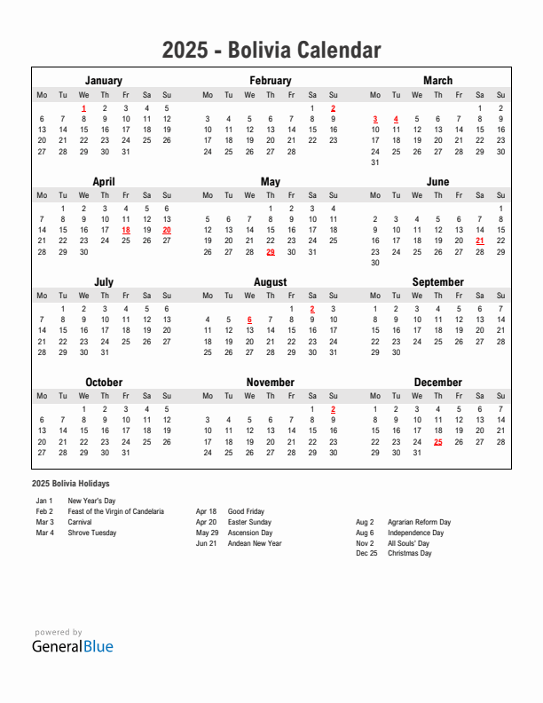 Year 2025 Simple Calendar With Holidays in Bolivia