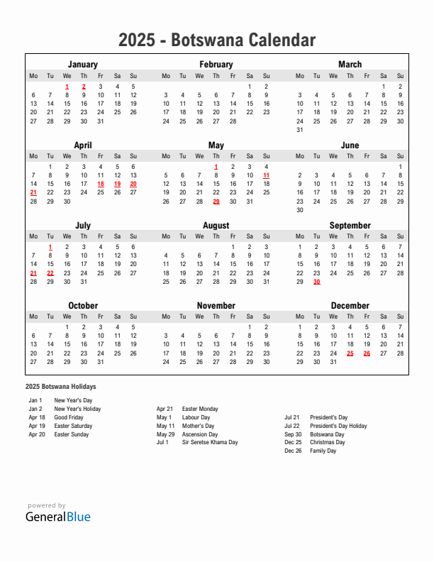 Year 2025 Simple Calendar With Holidays in Botswana