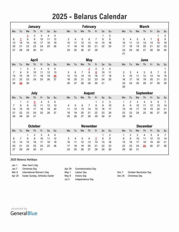 Year 2025 Simple Calendar With Holidays in Belarus