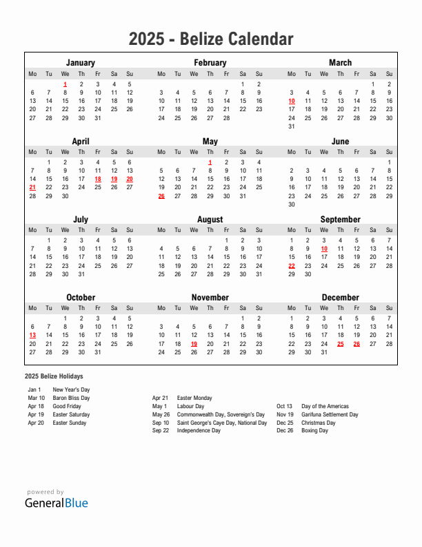 Year 2025 Simple Calendar With Holidays in Belize
