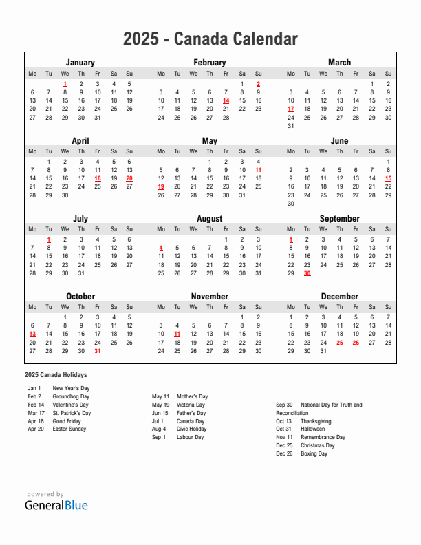 2025 Canada Calendar with Holidays