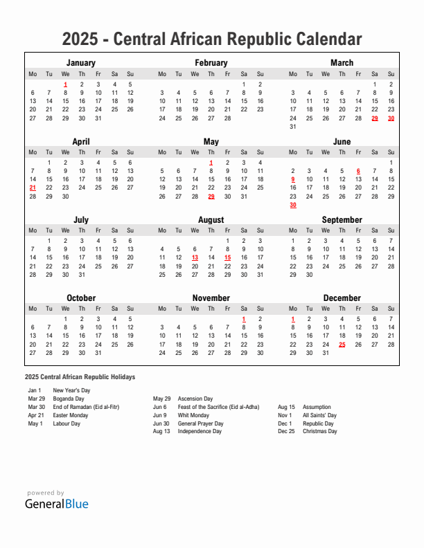 Year 2025 Simple Calendar With Holidays in Central African Republic