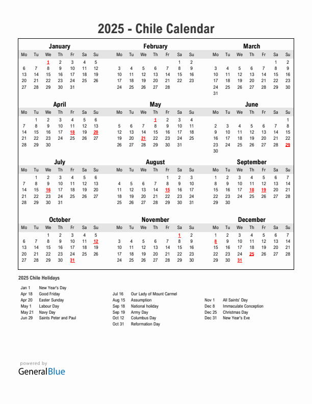 Year 2025 Simple Calendar With Holidays in Chile