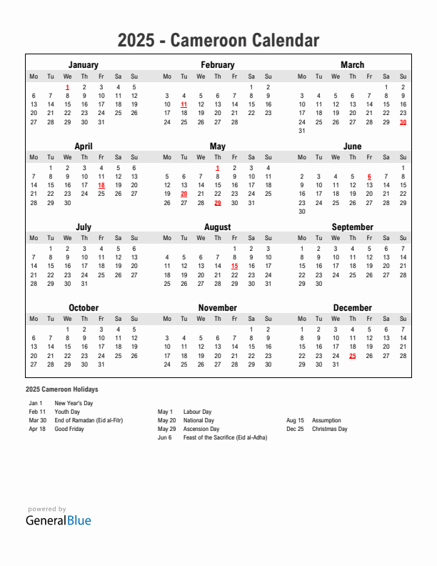 Year 2025 Simple Calendar With Holidays in Cameroon