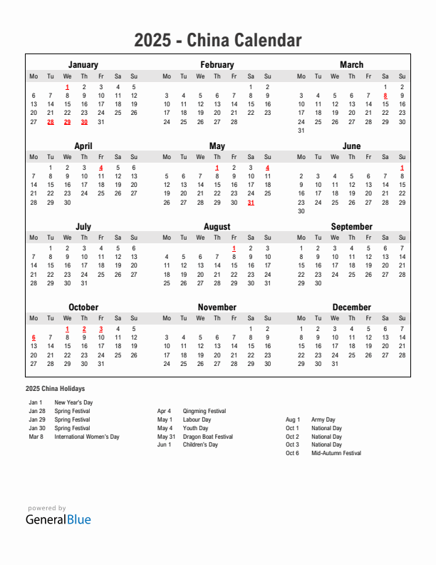 Year 2025 Simple Calendar With Holidays in China