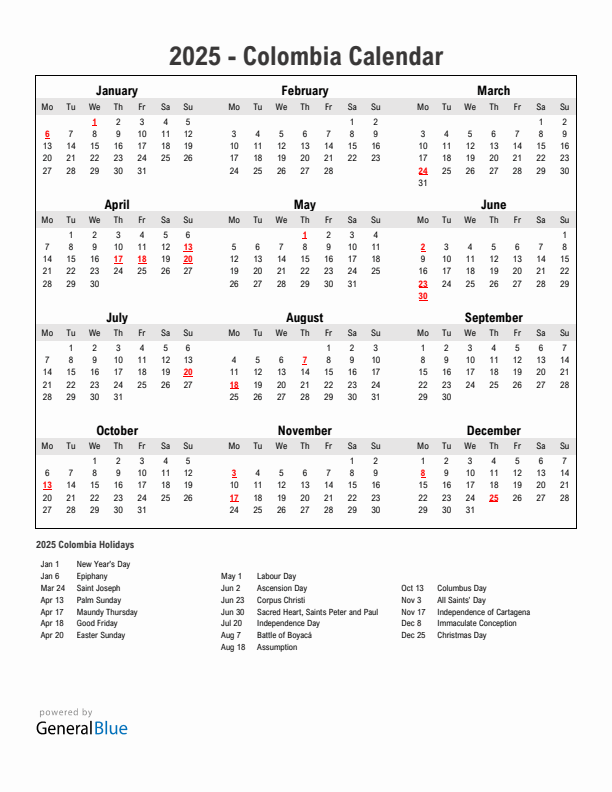 Year 2025 Simple Calendar With Holidays in Colombia