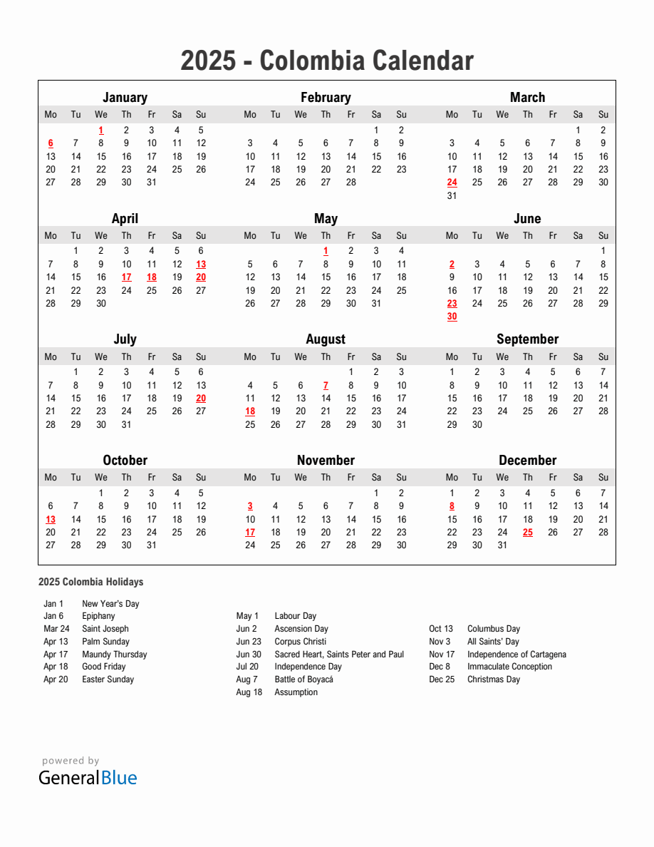 Year 2025 Simple Calendar With Holidays in Colombia