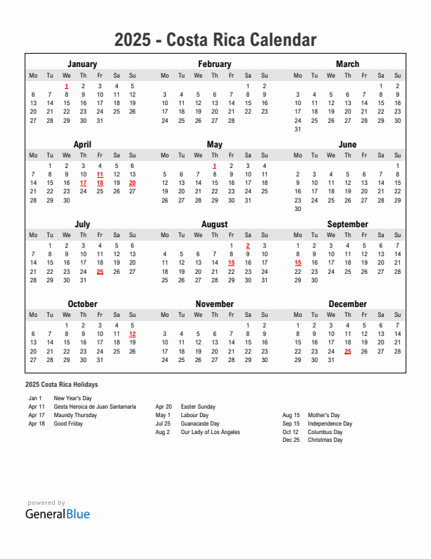 Year 2025 Simple Calendar With Holidays in Costa Rica