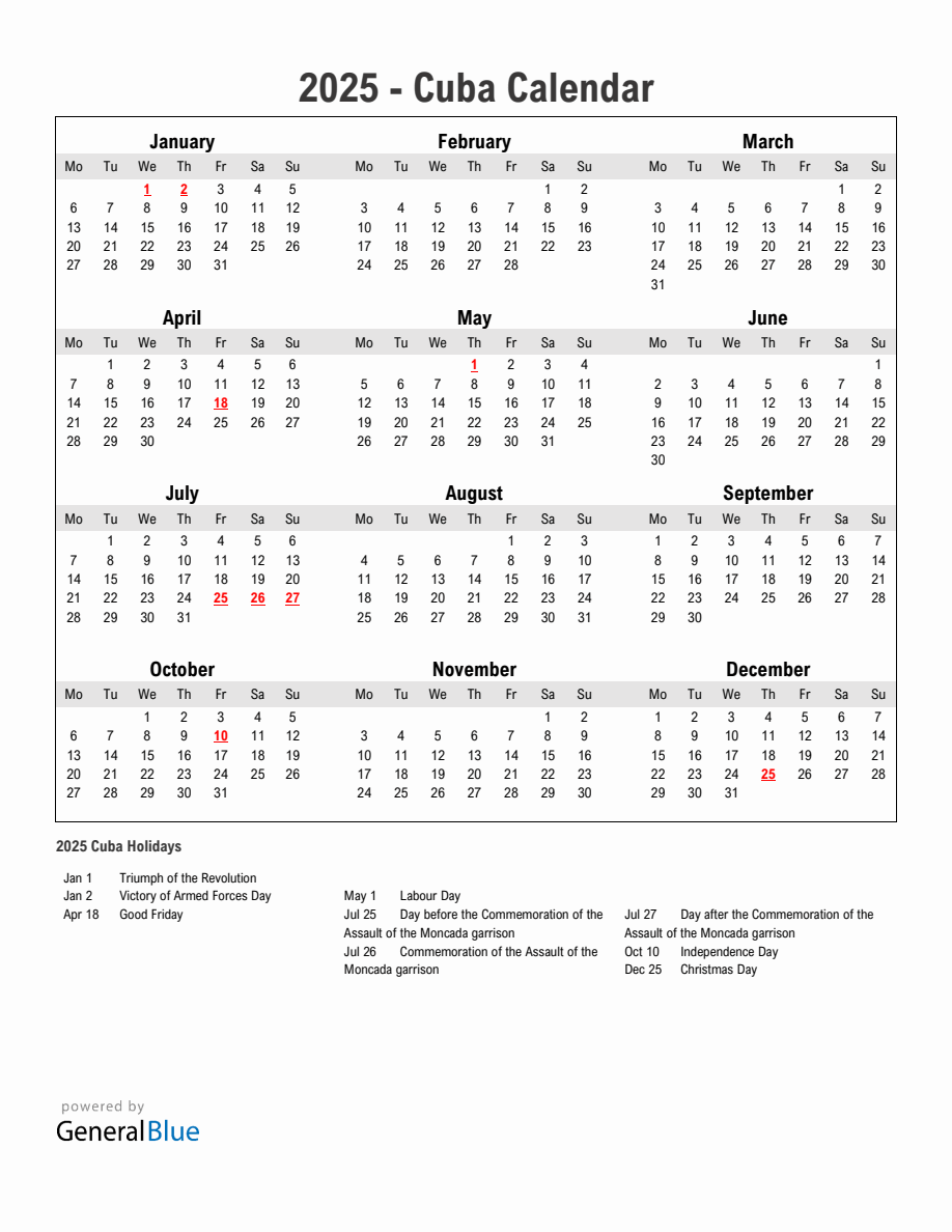 Year 2025 Simple Calendar With Holidays in Cuba