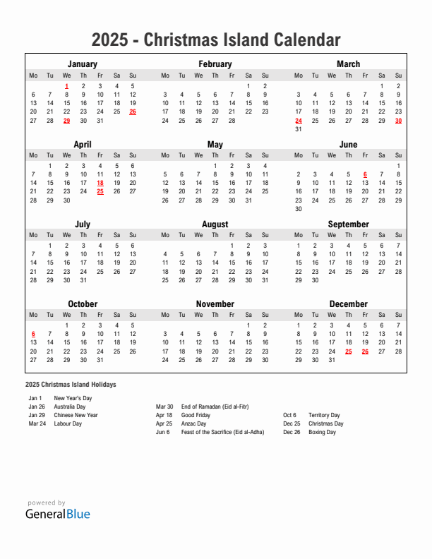 Year 2025 Simple Calendar With Holidays in Christmas Island