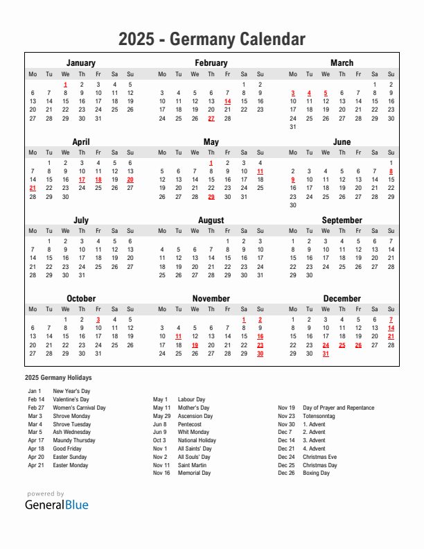 Year 2025 Simple Calendar With Holidays in Germany