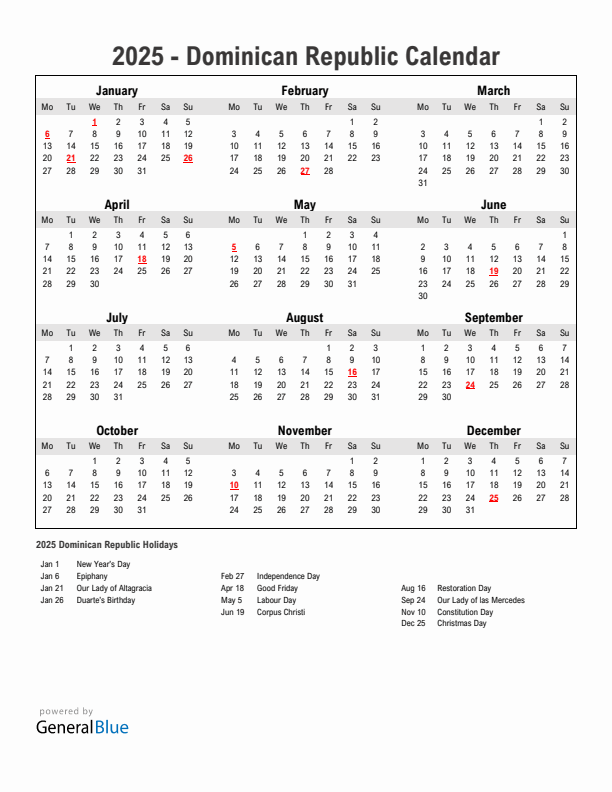 Year 2025 Simple Calendar With Holidays in Dominican Republic