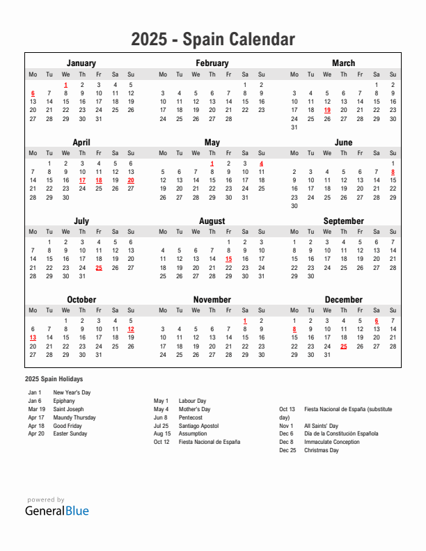 Year 2025 Simple Calendar With Holidays in Spain