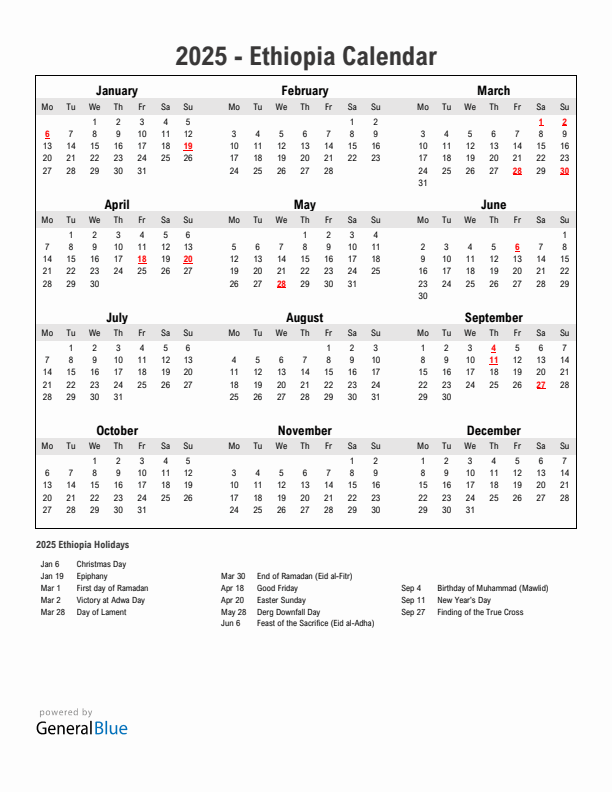 Year 2025 Simple Calendar With Holidays in Ethiopia
