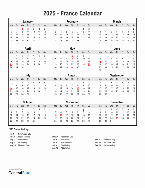 Year 2025 Simple Calendar With Holidays in France