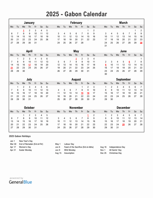 Year 2025 Simple Calendar With Holidays in Gabon