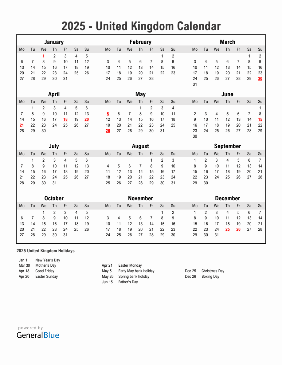 Year 2025 Simple Calendar With Holidays in United Kingdom