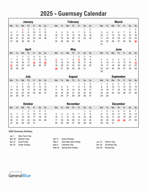 Year 2025 Simple Calendar With Holidays in Guernsey