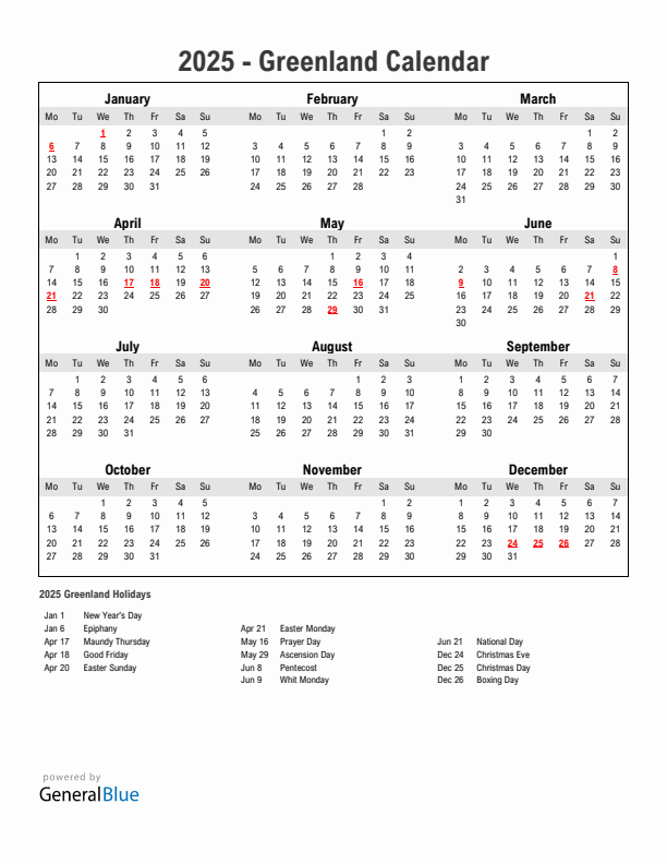Year 2025 Simple Calendar With Holidays in Greenland