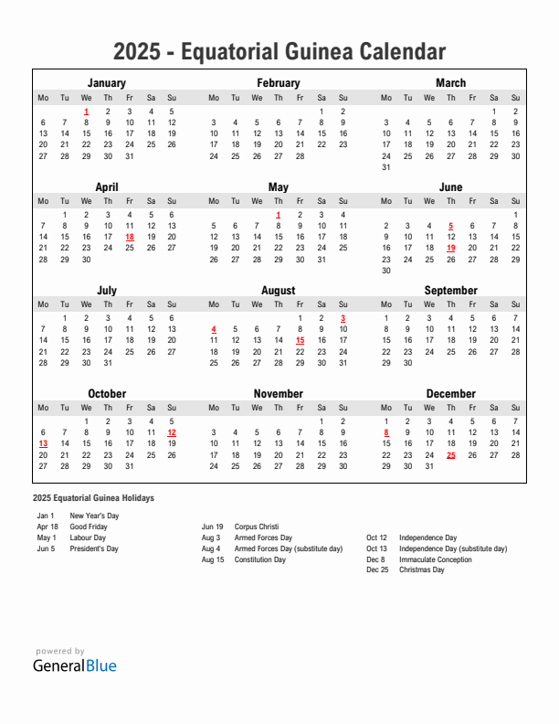 Year 2025 Simple Calendar With Holidays in Equatorial Guinea
