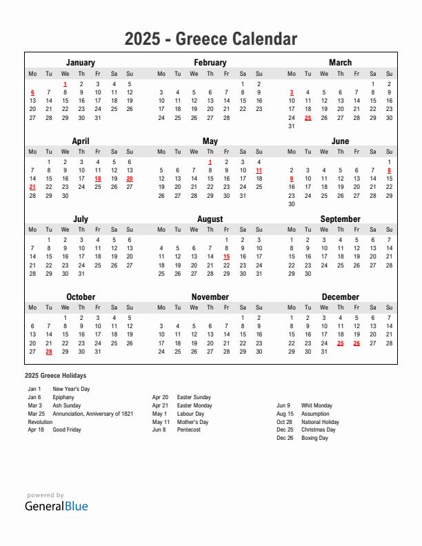 Year 2025 Simple Calendar With Holidays in Greece