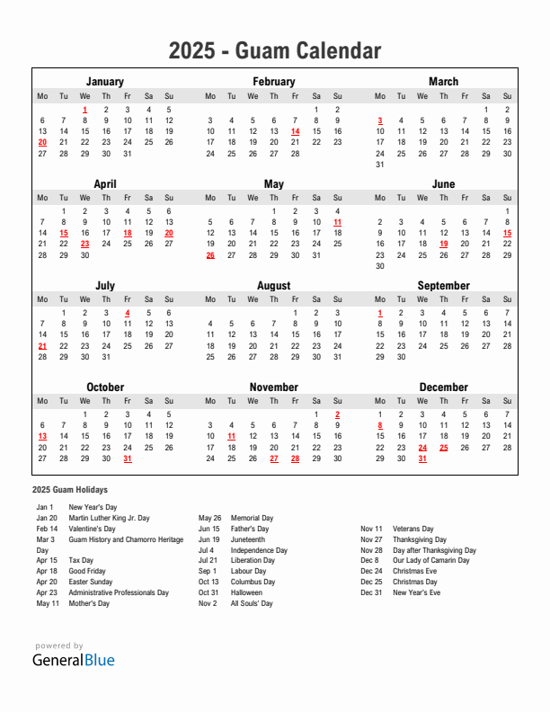 Year 2025 Simple Calendar With Holidays in Guam