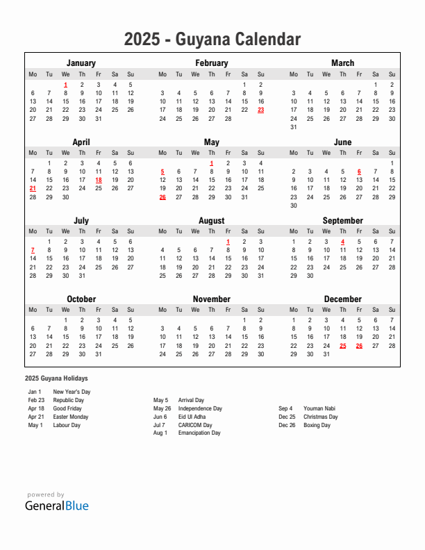Year 2025 Simple Calendar With Holidays in Guyana